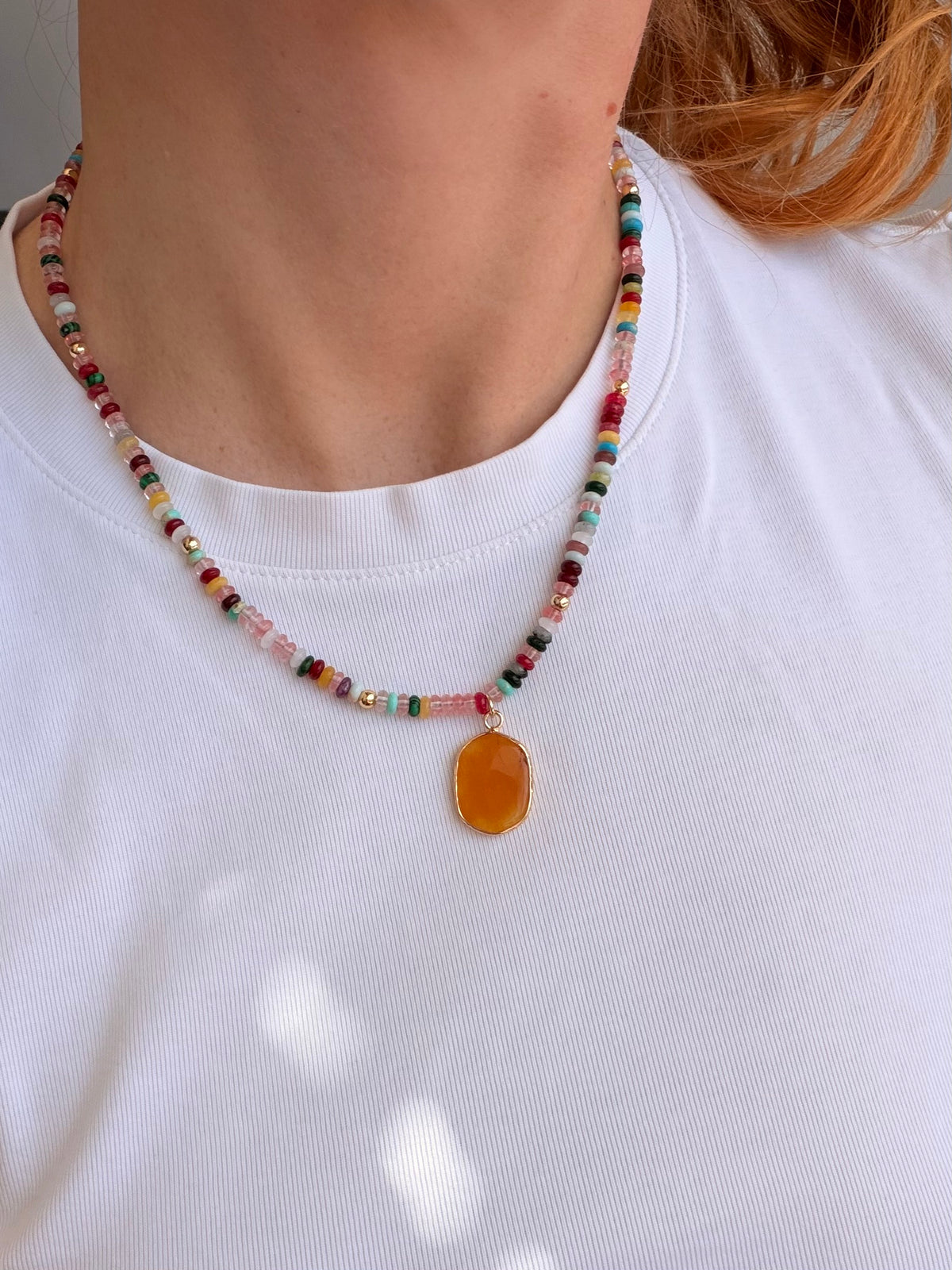 Honeycomb – Handmade Mixed Gemstone Necklace with Honey Jade Pendant