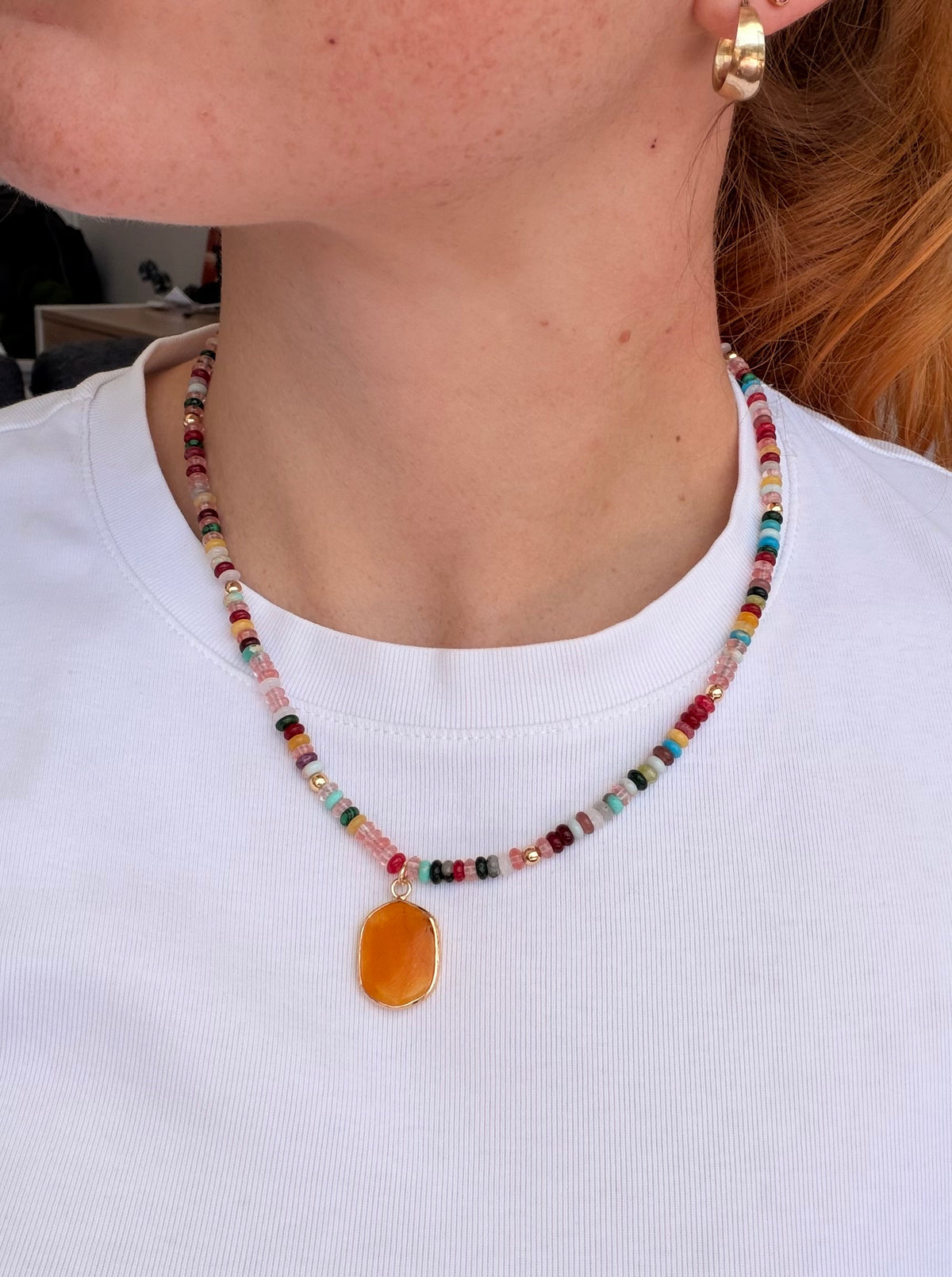Honeycomb – Handmade Mixed Gemstone Necklace with Honey Jade Pendant