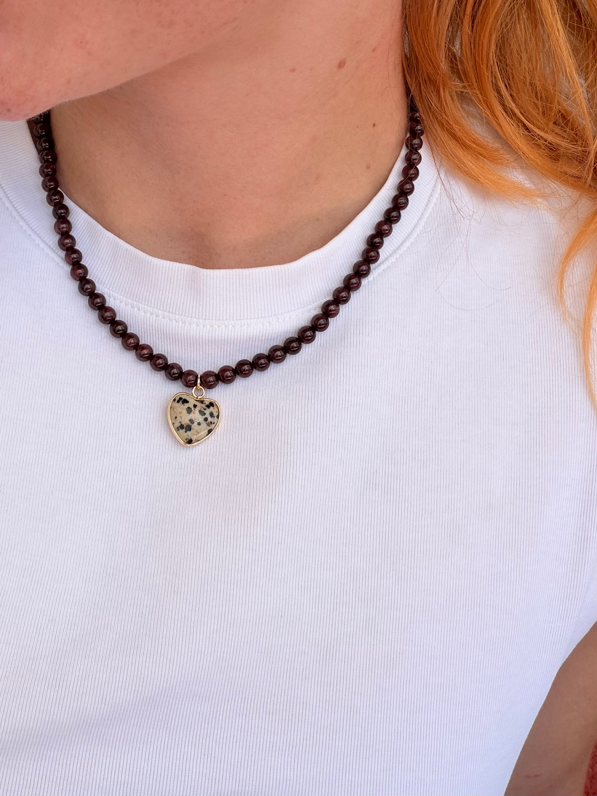 Cherry Ripe – Handmade Garnet and Dalmatian Jasper Necklace