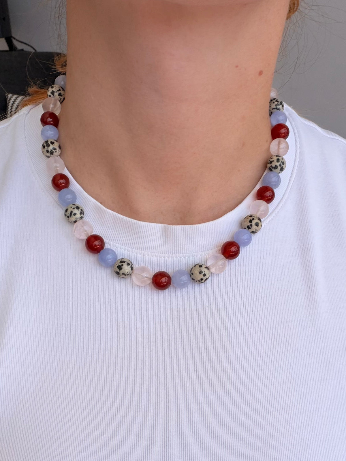 Harbour Lights – Handmade Dalmatian Jasper, Aquamarine and Red Agate Necklace